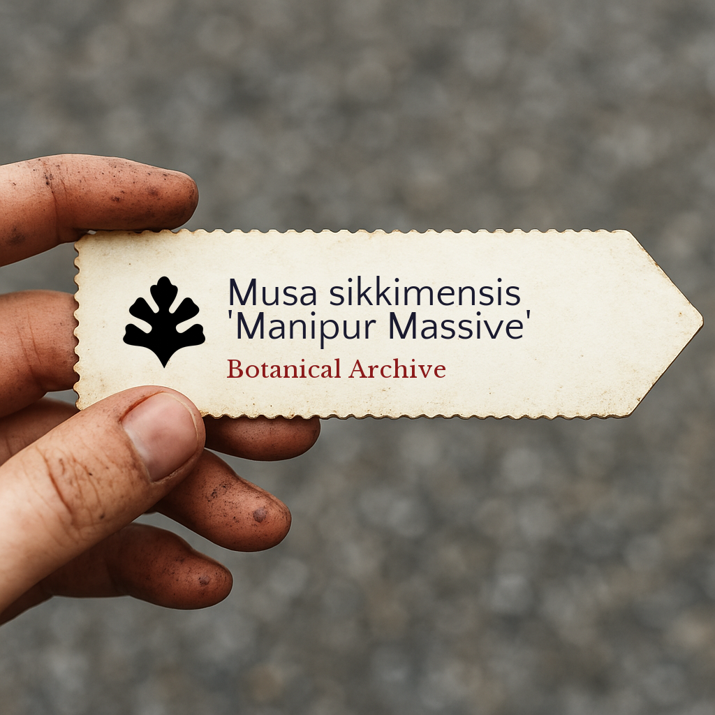 Printed plant tag for Musa sikkimensis 'Manipur Massive' held by hand with dirt stains