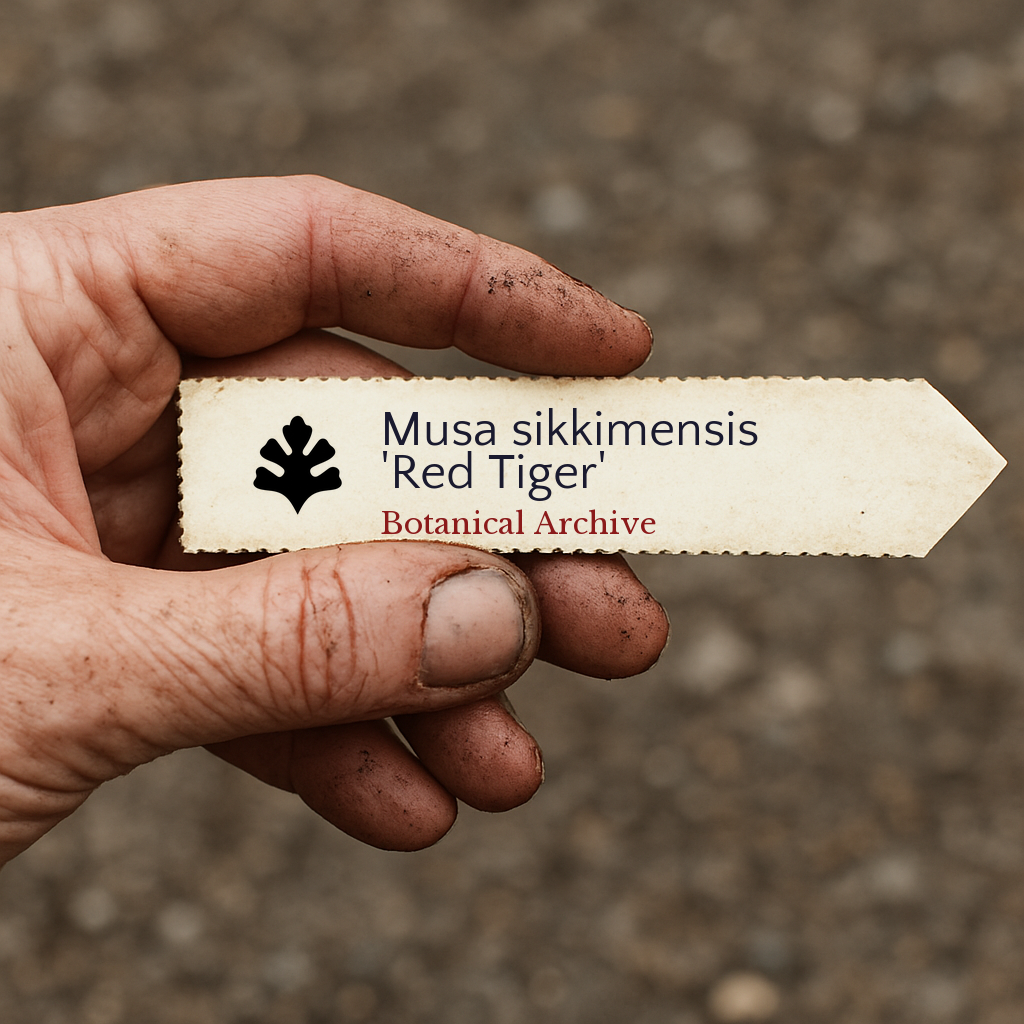 Printed plant label for Musa sikkimensis 'Red Tiger' held by dirty hand outdoors