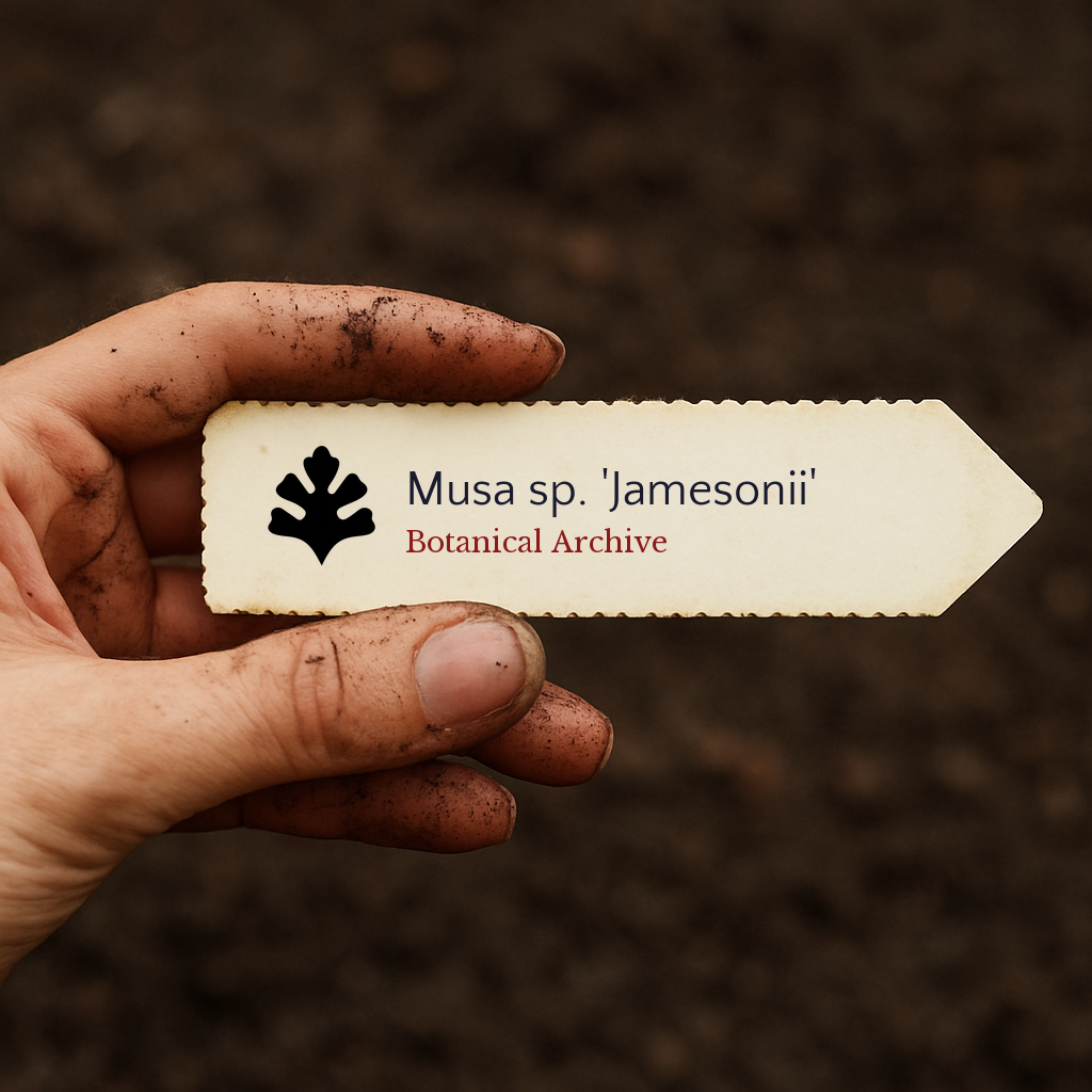 Printed plant label for Musa sp. 'Jamesonii' held by dirty hand over soil background
