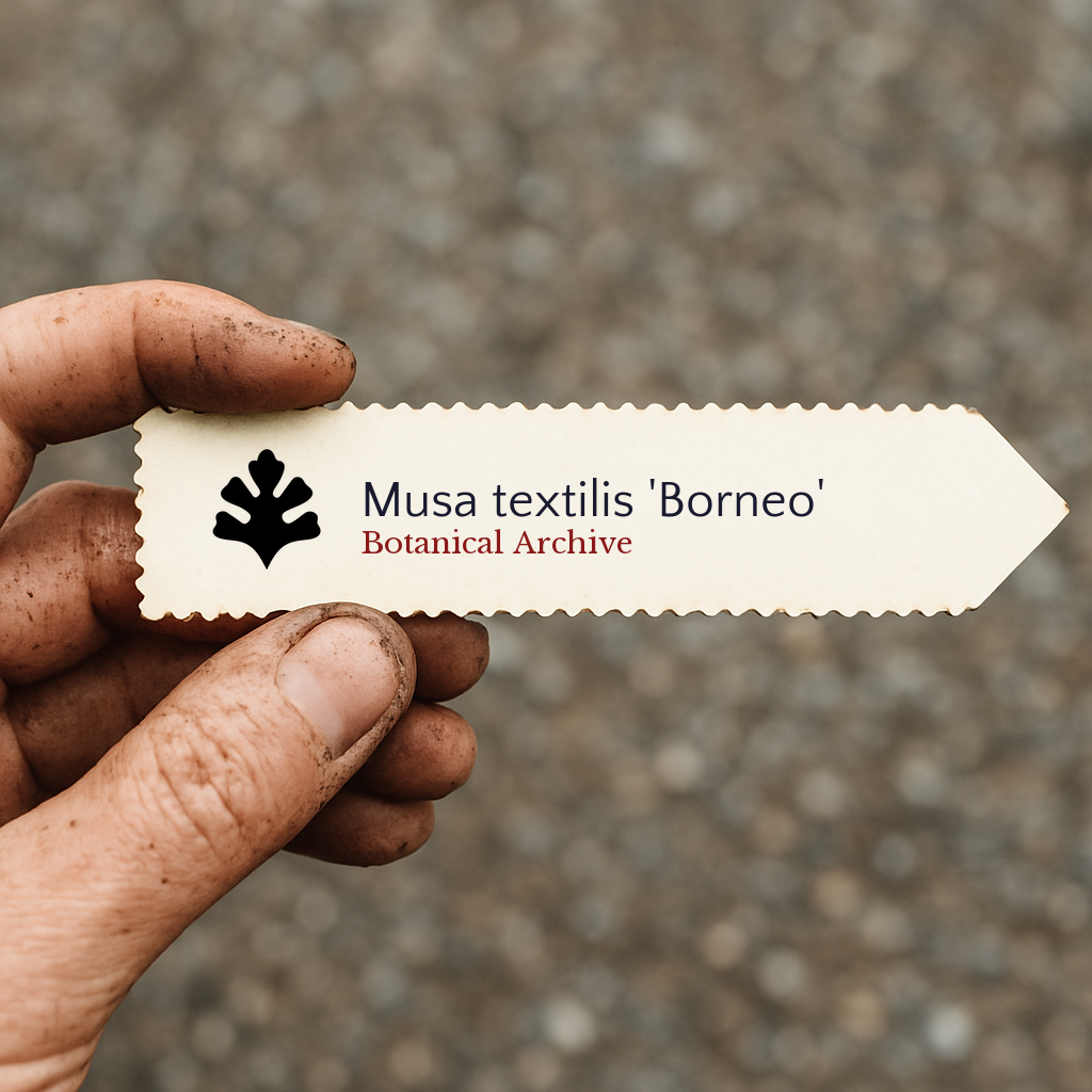 Printed plant label for Musa textilis 'Borneo' held by dirty hand outdoors