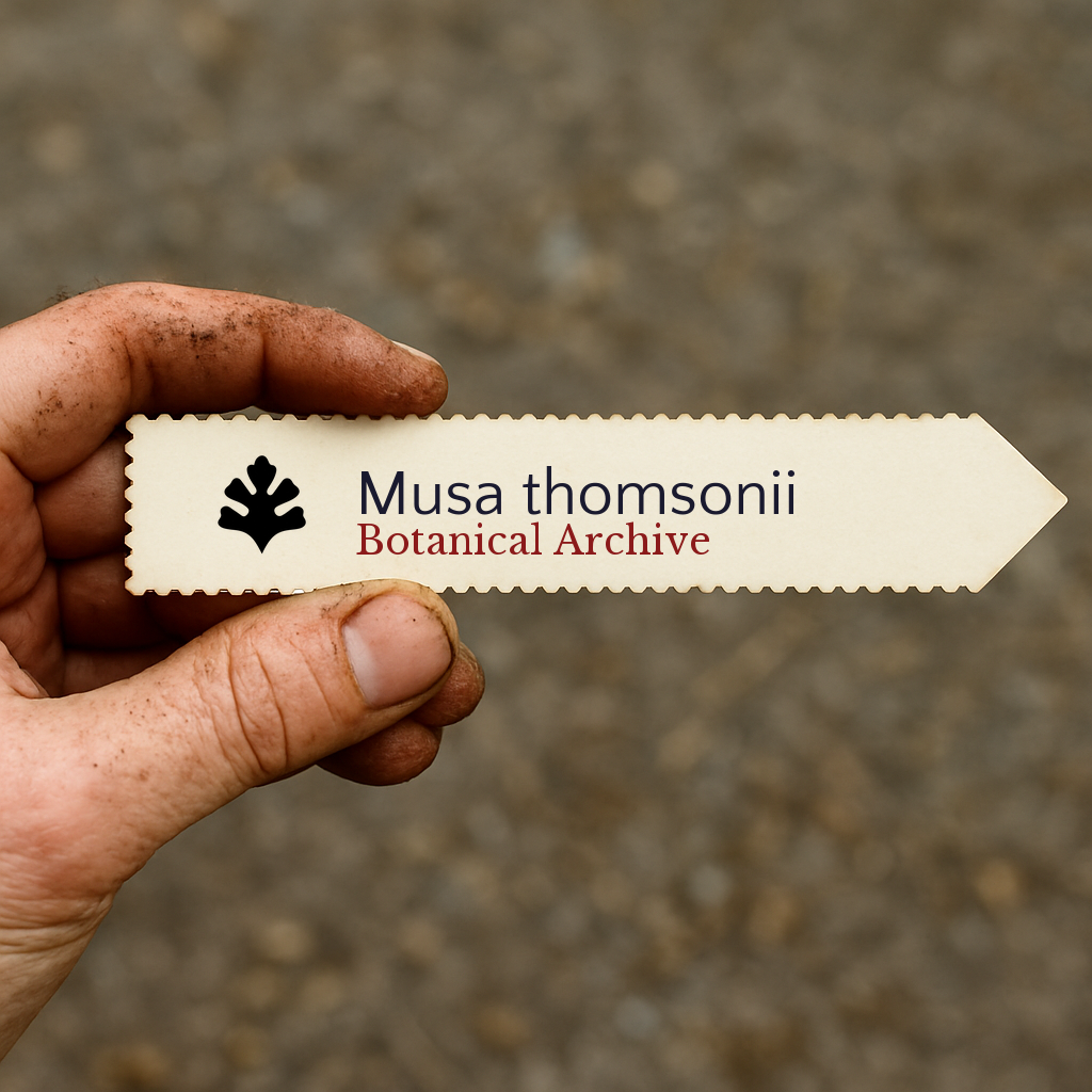 Printed plant label for Musa thomsonii held by dirty hand on blurred background