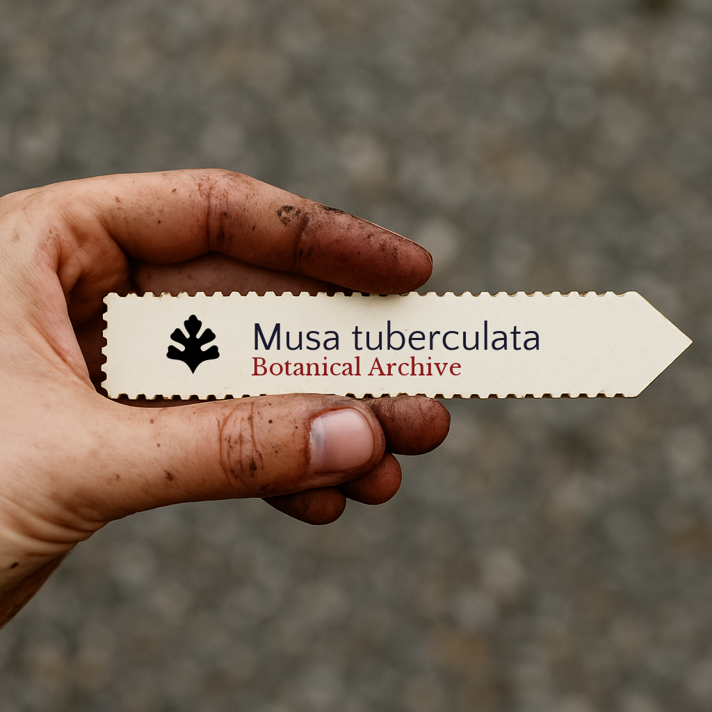 Printed plant label for Musa tuberculata held by dirty hand against blurred background