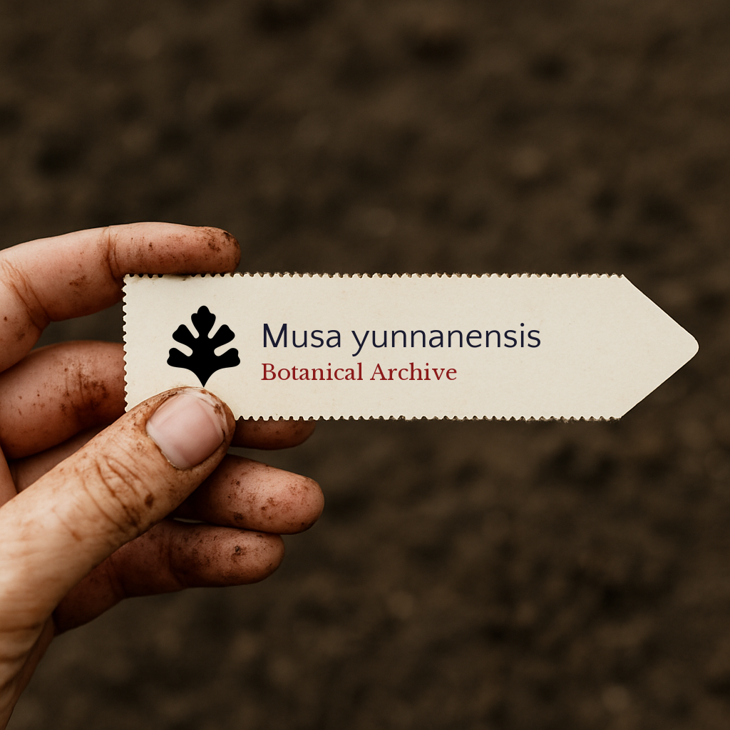 Printed plant label for Musa yunnanensis held by dirty hand over soil background