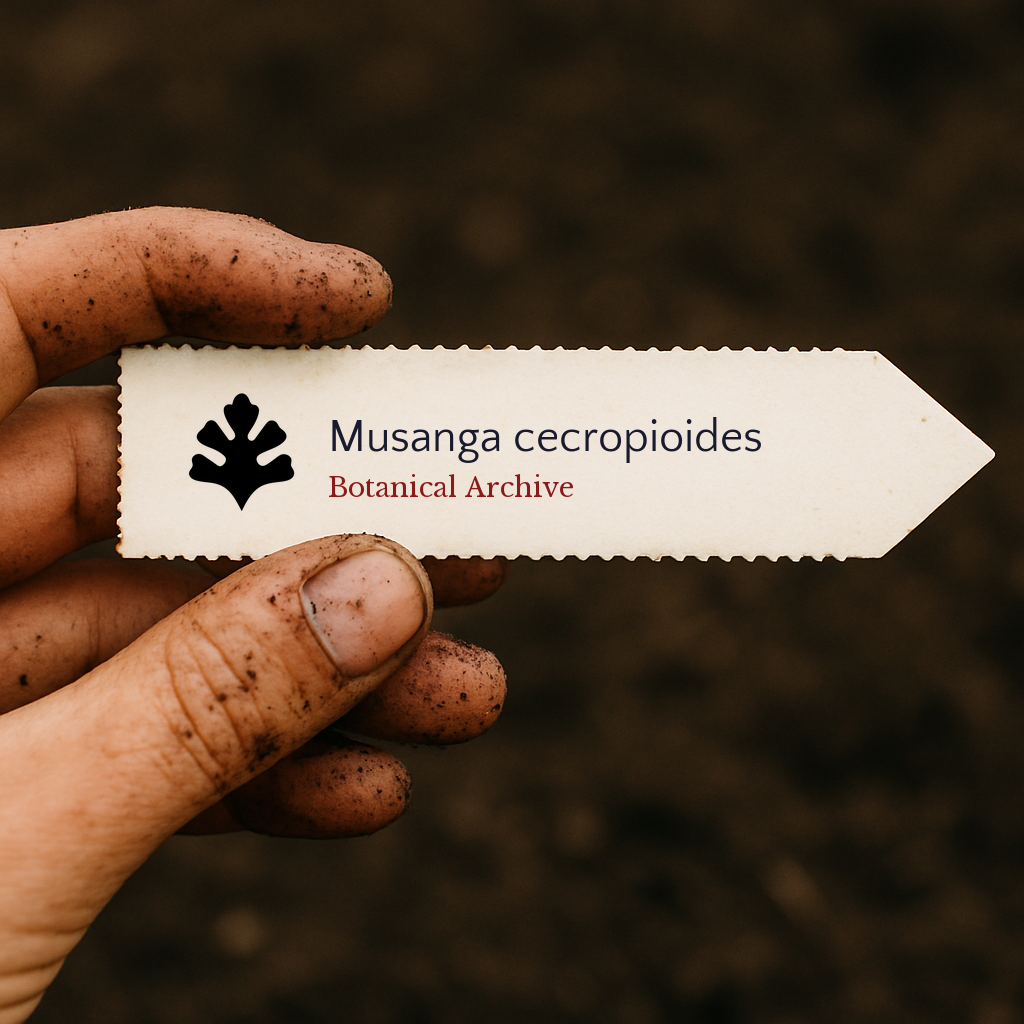 Printed plant label for Musanga cecropioides held by dirty hand over soil background