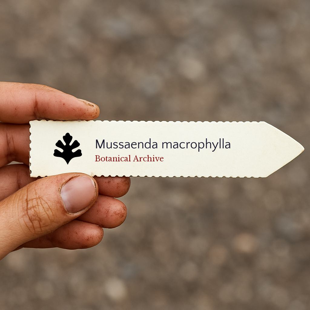 Etichetta per pianta stampata di Mussaenda macrophylla tenuta in mano con sfondo sfocato