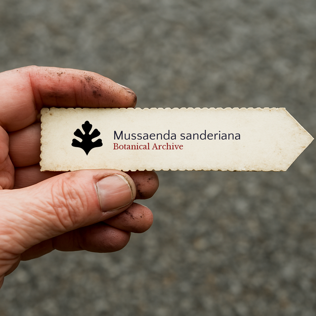Printed plant label for Mussaenda sanderiana held by dirty hand outdoors