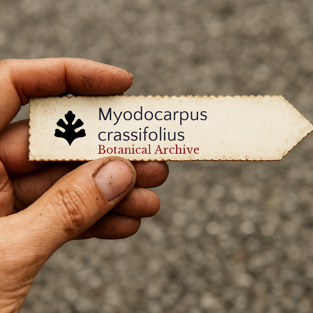 Printed plant label for Myodocarpus crassifolius held by dirty hand outdoors