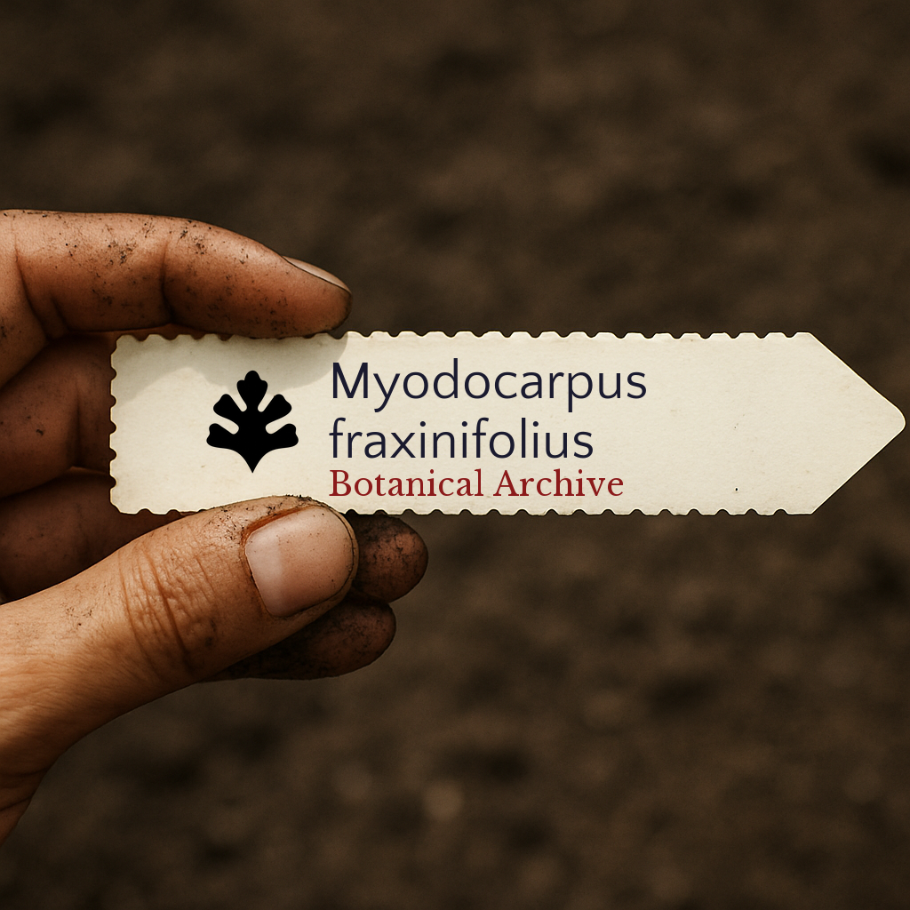 Printed plant label for Myodocarpus fraxinifolius held by hand over soil background