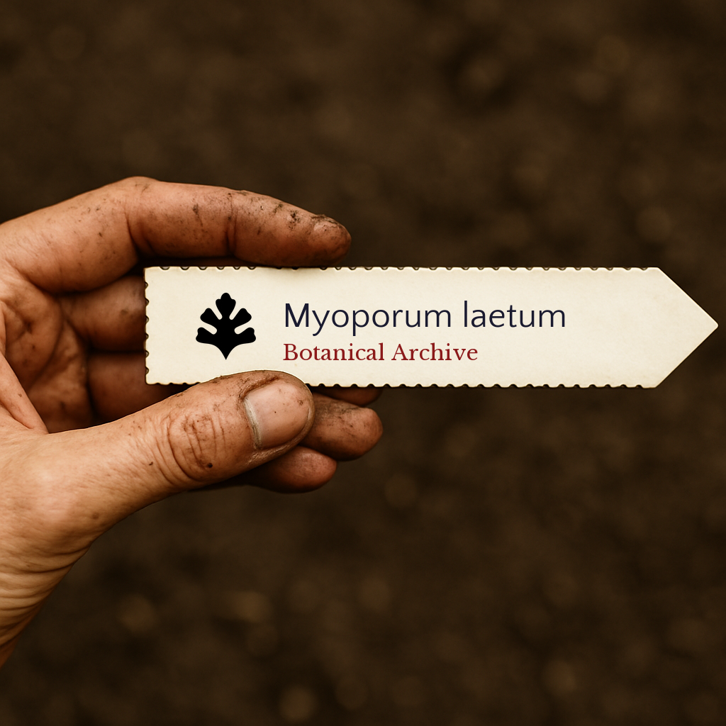 Printed plant label for Myoporum laetum held by dirty hand over soil background