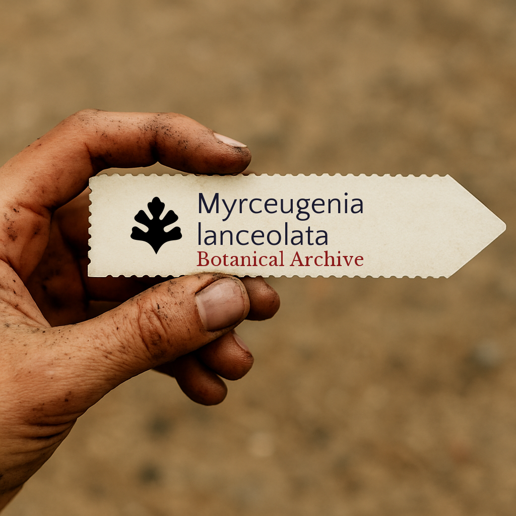 Printed plant label for Myrceugenia lanceolata held by dirty hand outdoors