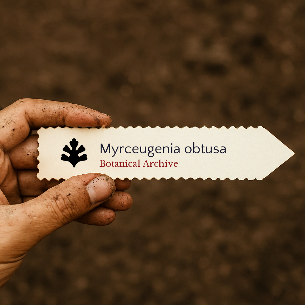 Printed plant label for Myrceugenia obtusa held by dirty hand against soil background