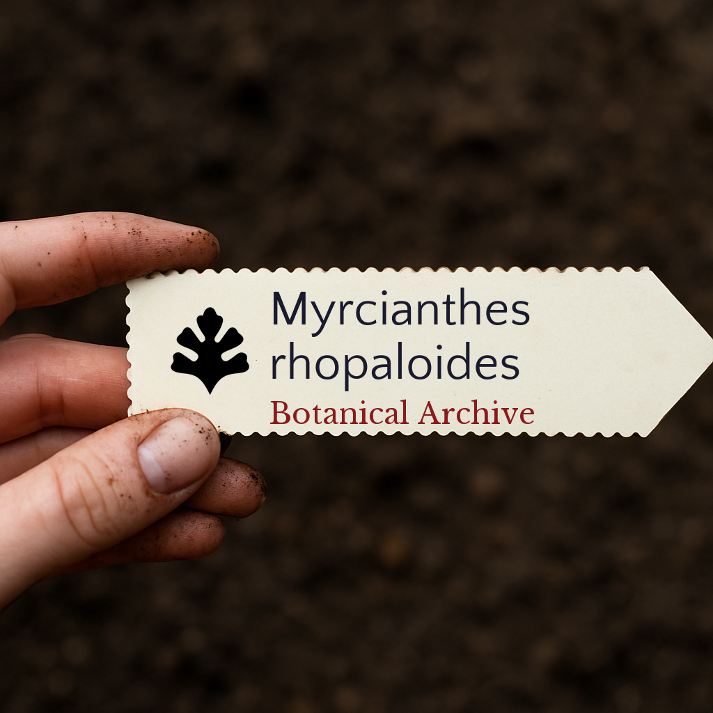 Etichetta vegetale stampata per Myrcianthes rhopaloides su sfondo di terra