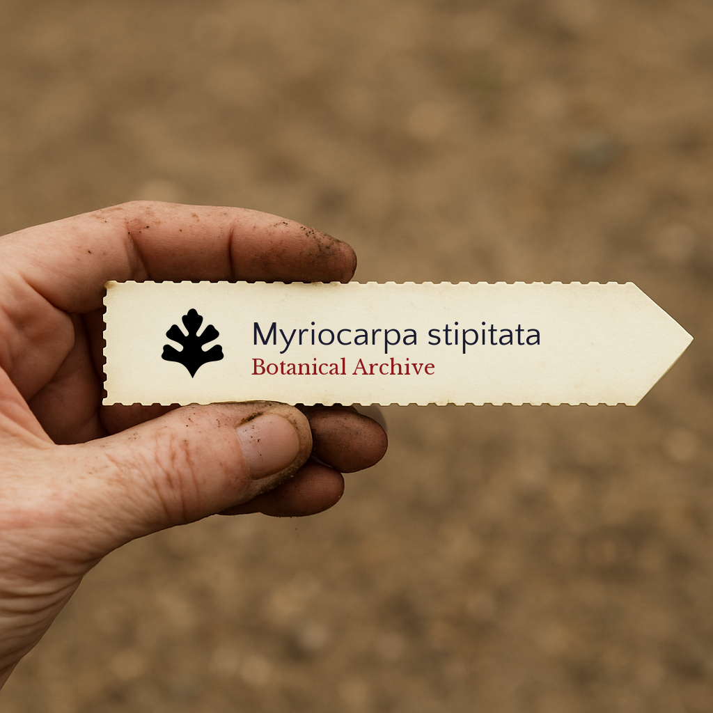 Printed plant label for Myriocarpa stipitata held by hand with soil background