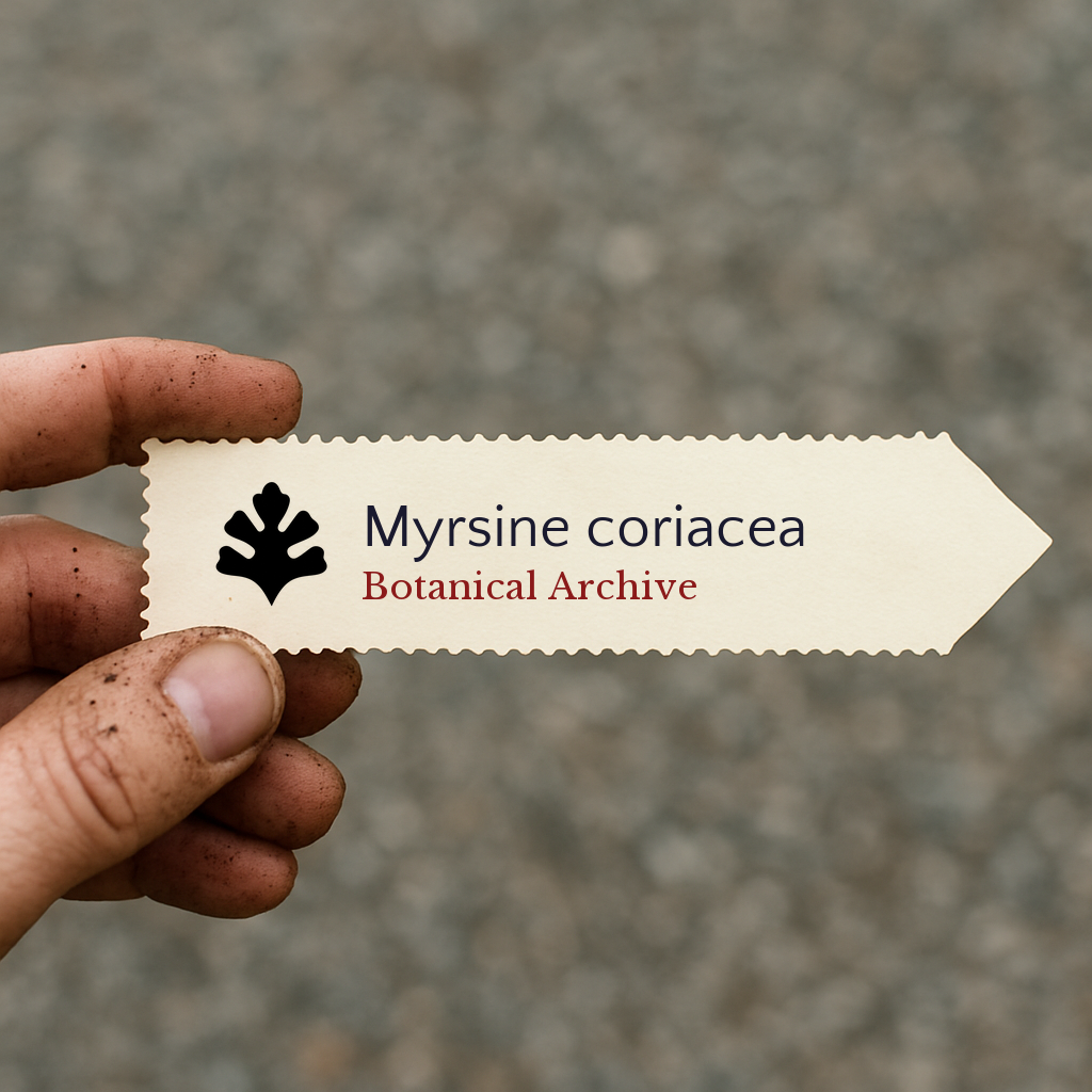 Etichetta per pianta stampata per Myrsine coriacea con logo Botanical Archive tenuta a mano