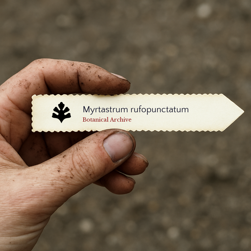 Printed plant label for Myrtastrum rufopunctatum held by dirty hand outdoors