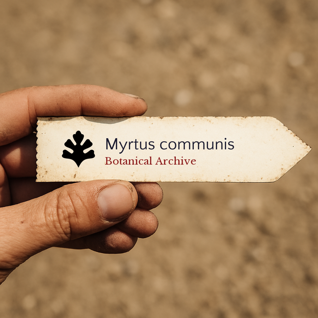 Handheld vintage botanical archive label for Myrtus communis with leaf icon