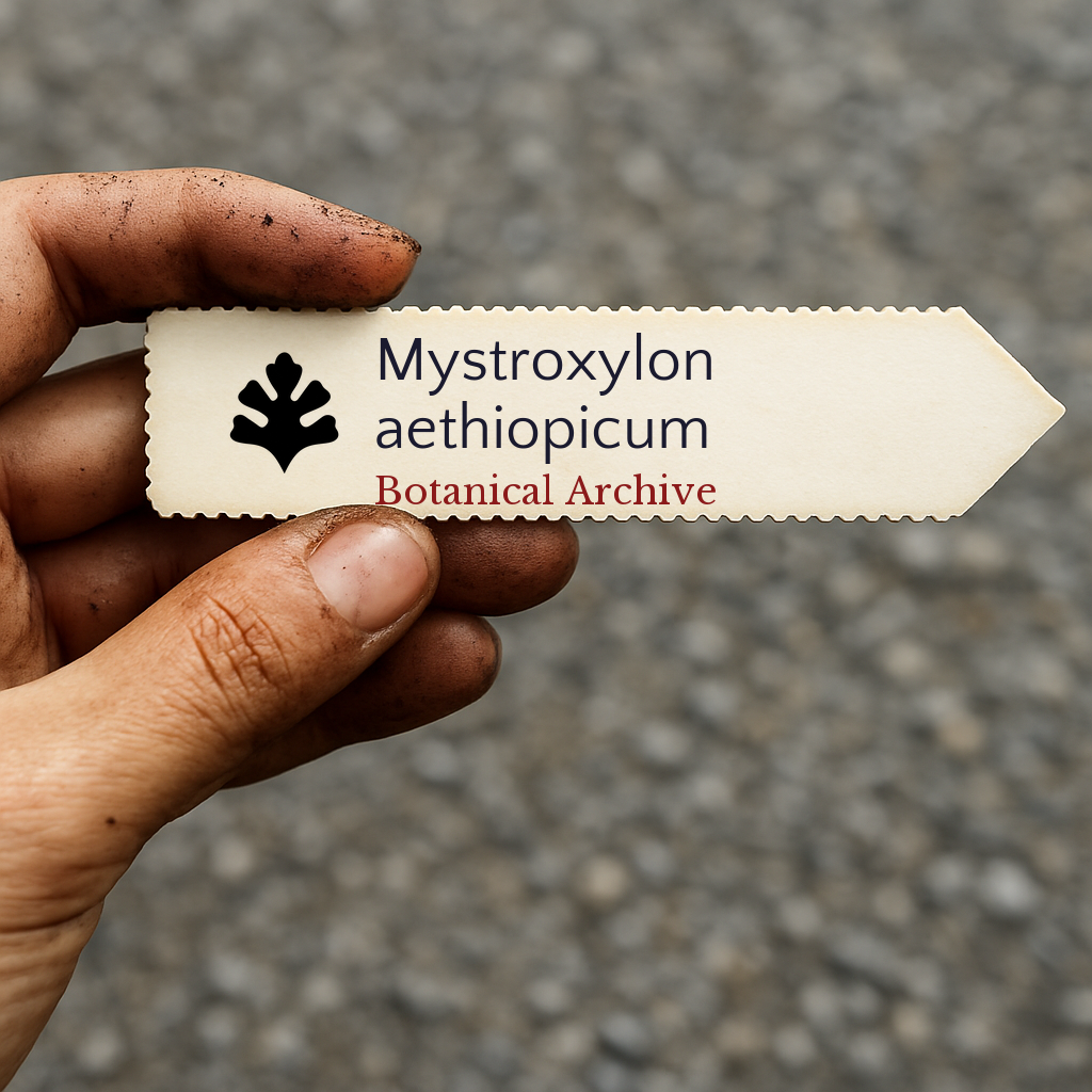 Printed plant label for Mystroxylon aethiopicum held by dirty hand outdoors