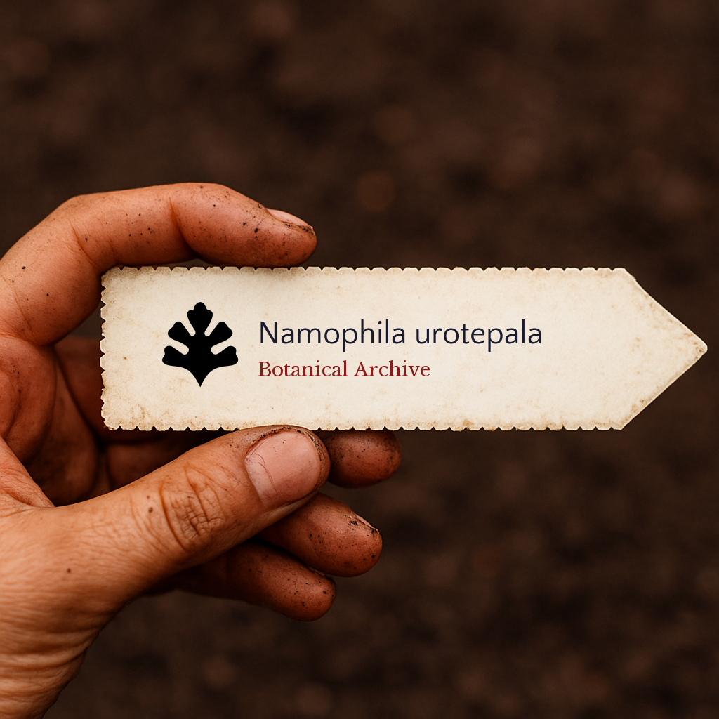 Etichetta della pianta stampata per Namophila urotepala tenuta da una mano sporca contro uno sfondo di terreno