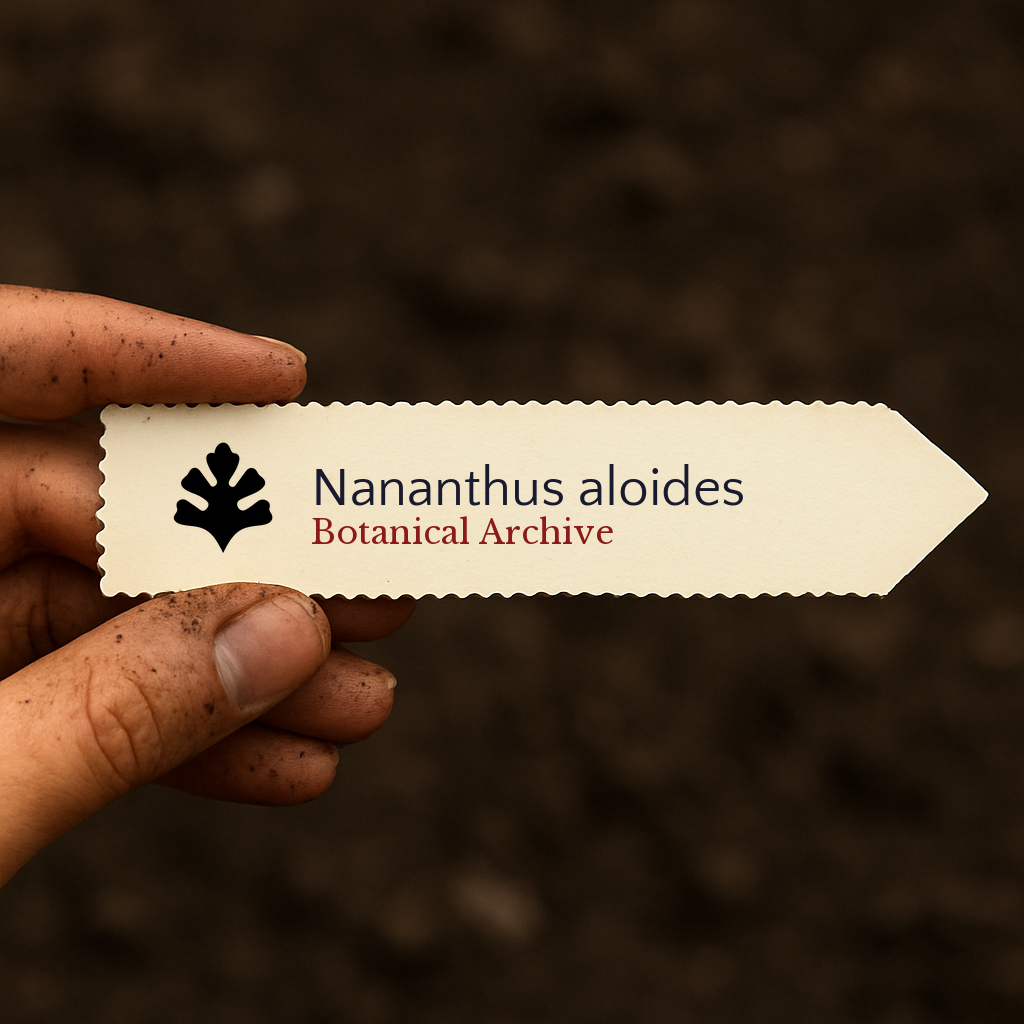Printed plant label for Nananthus aloides held by dirty hands over soil background