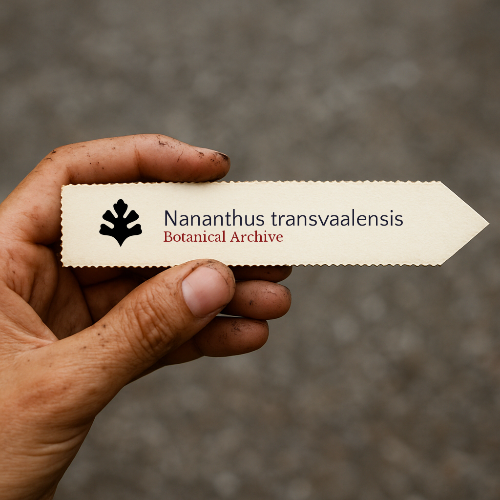 Etichetta per piante stampata per Nananthus transvaalensis tenuta a mano con sfondo di terra
