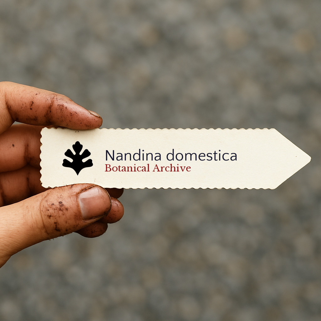 Etichetta per pianta stampata per Nandina domestica con logo Botanical Archive tenuta da mano sporca