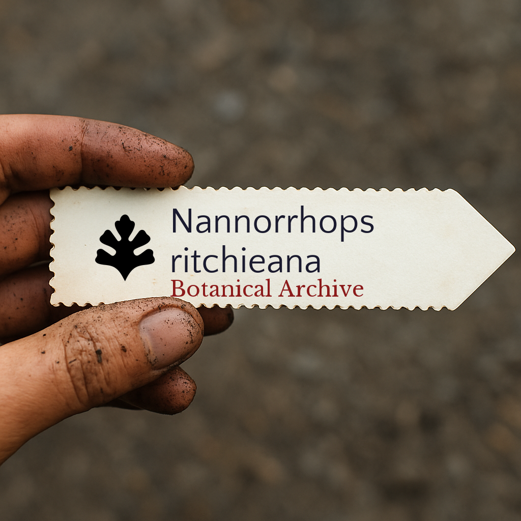 Etichetta stampata per pianta di Nannorrhops ritchieana tenuta da una mano sporca all'aperto