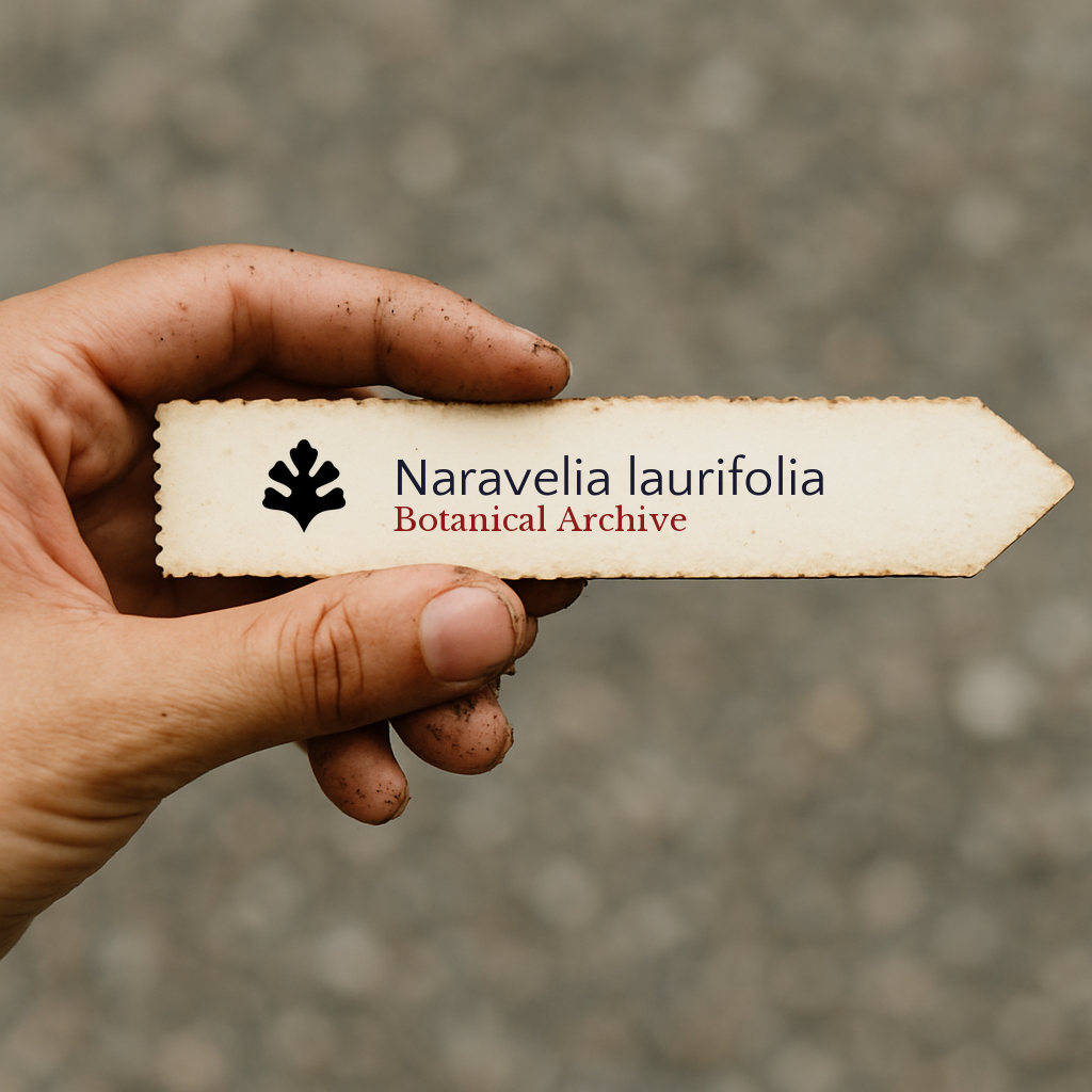 Etichetta per pianta portatile in stile vintage per Naravelia laurifolia con testo Botanical Archive