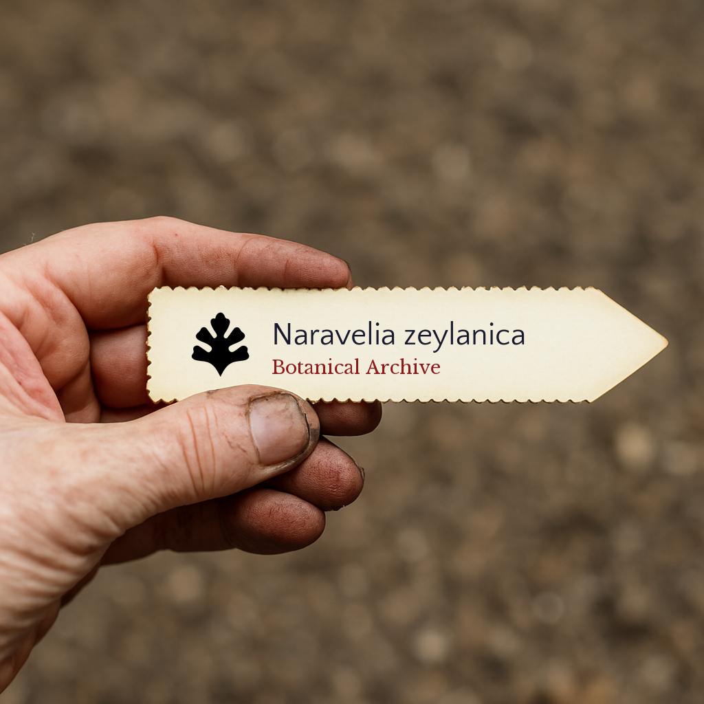 Printed plant label for Naravelia zeylanica held by hand with soil background