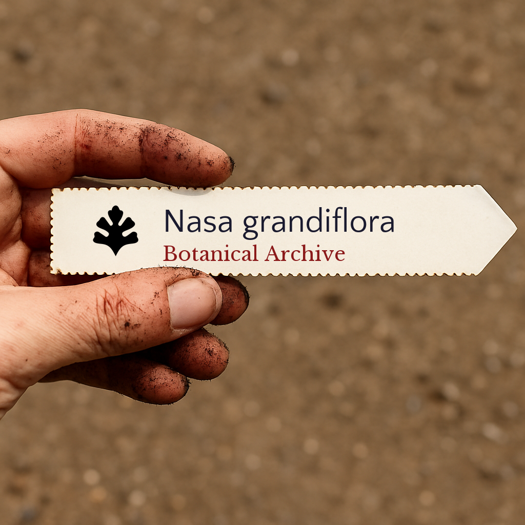Printed plant label for Nasa grandiflora held by dirty hand over soil background