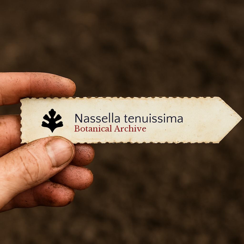 Etichetta per pianta stampata per Nassella tenuissima con logo Botanical Archive tenuta a mano