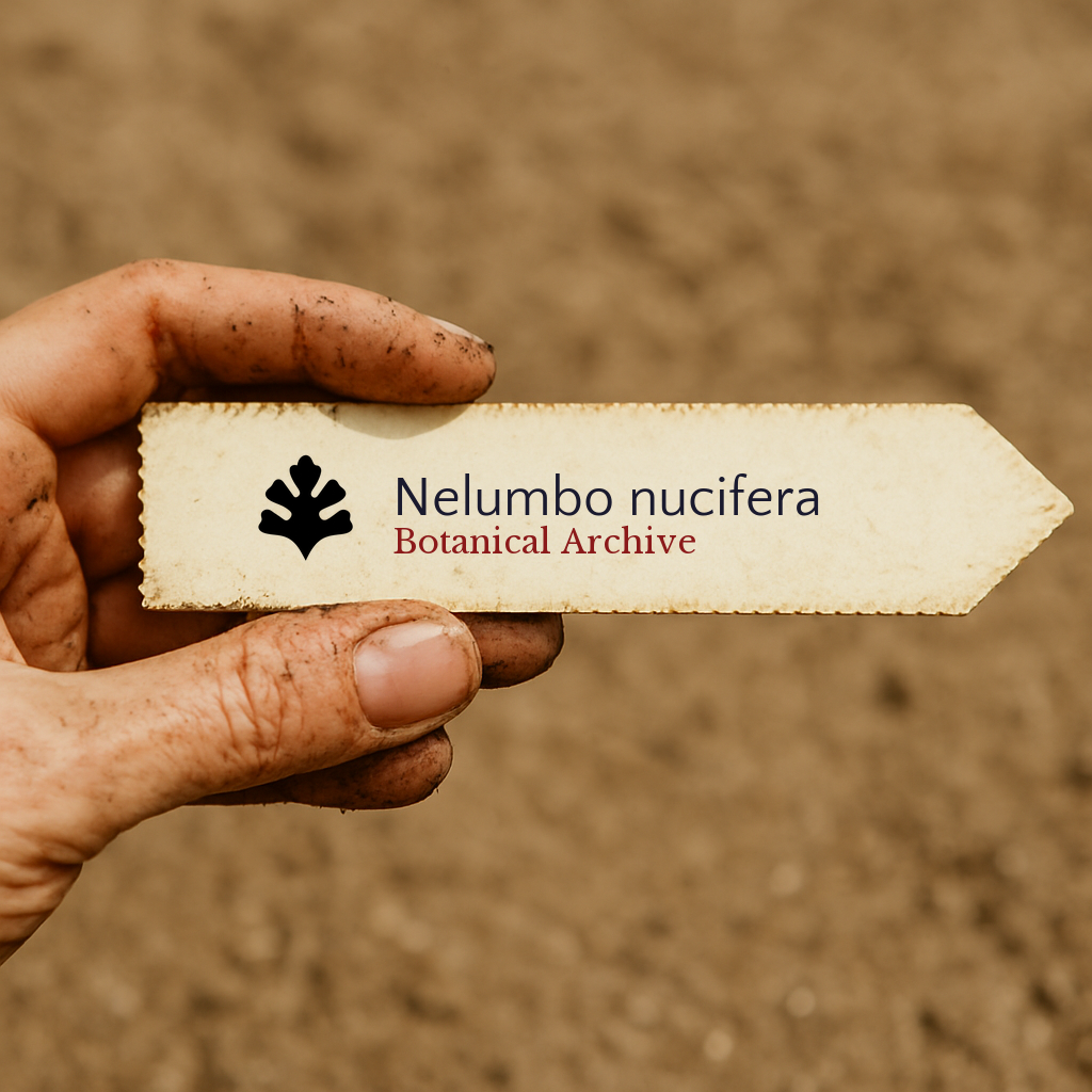 Etichetta stampata per pianta di Nelumbo nucifera tenuta da una mano sporca su sfondo di terra