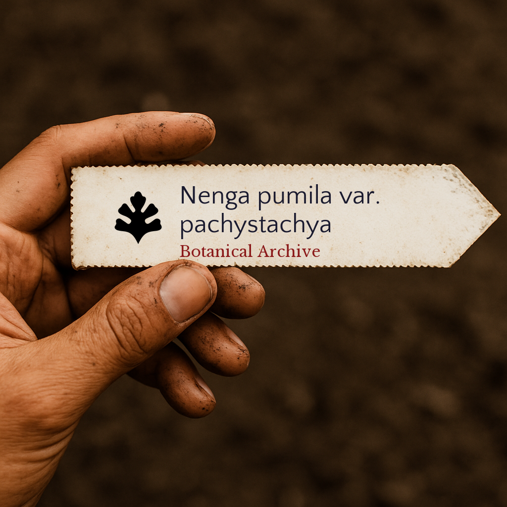 Etichetta della pianta per Nenga pumila var. pachystachya tenuta da una mano sporca su sfondo di terreno