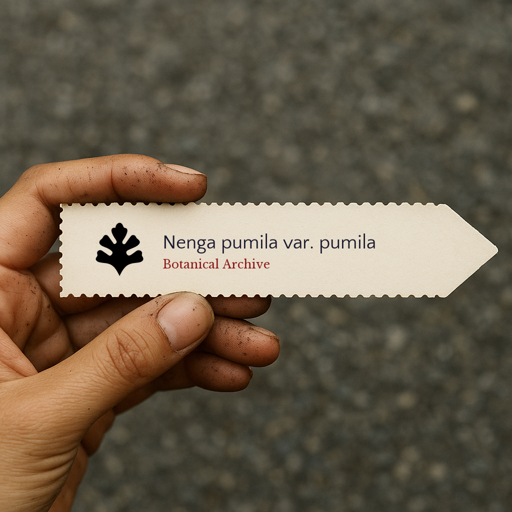 Printed plant label for Nenga pumila var. pumila held by hand with dirt background