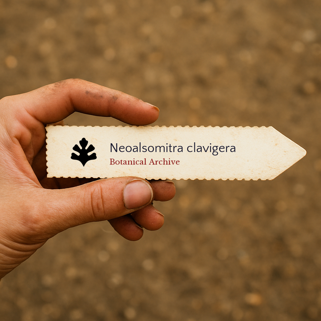 Printed plant label for Neoalsomitra clavigera with botanical archive logo held by hand