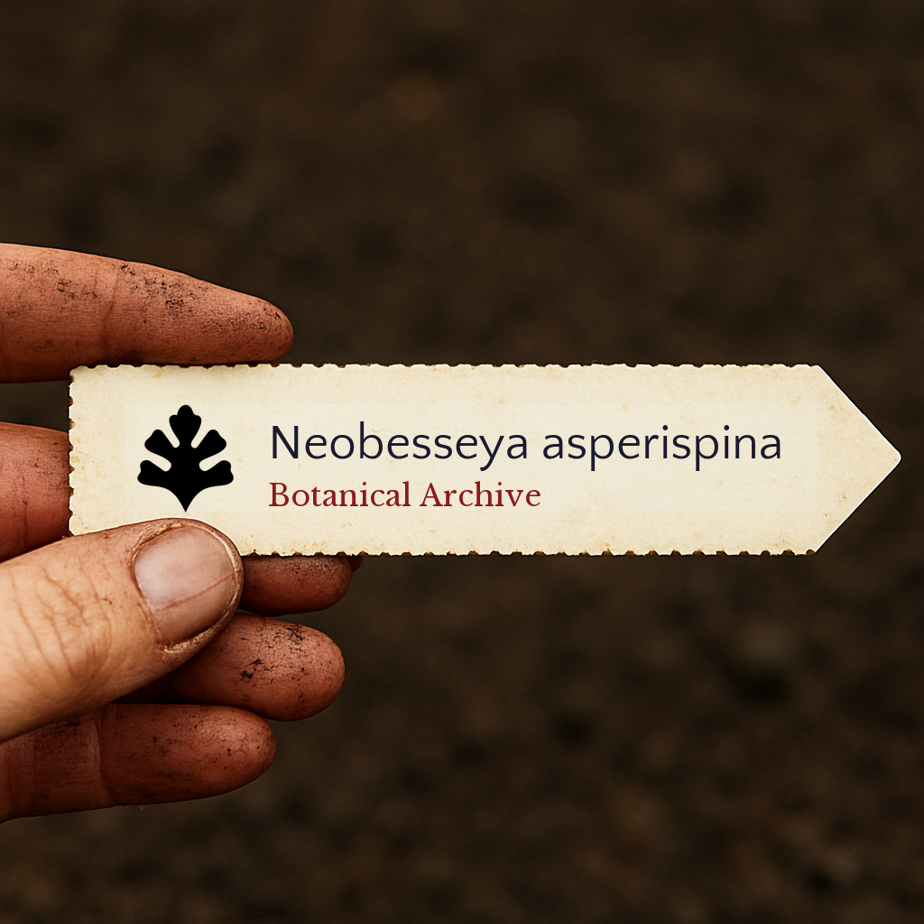 Etichetta botanica stampata per Neobesseya asperispina tenuta da una mano sporca su sfondo di terra