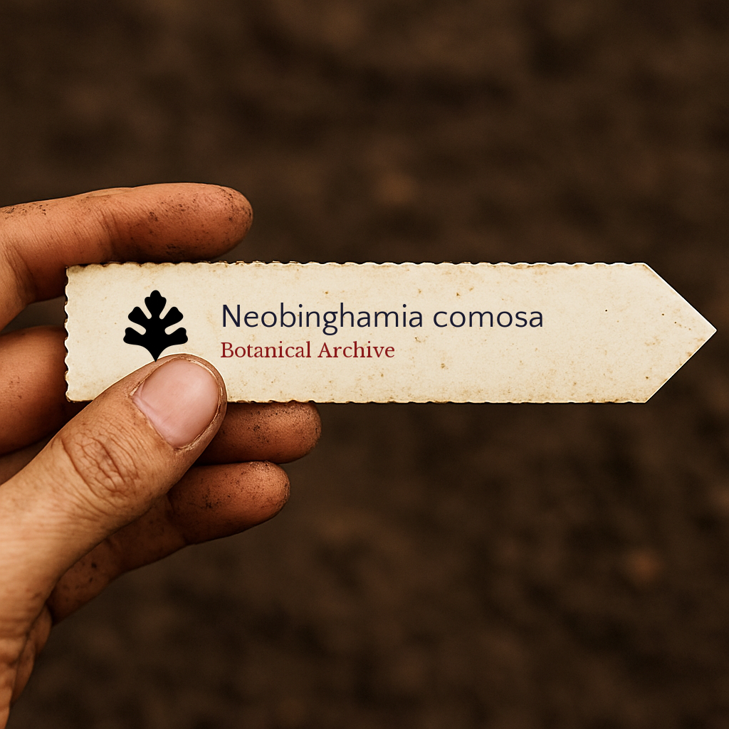 Etichetta per pianta stampata per Neobinghamia comosa con il logo Botanical Archive tenuta a mano