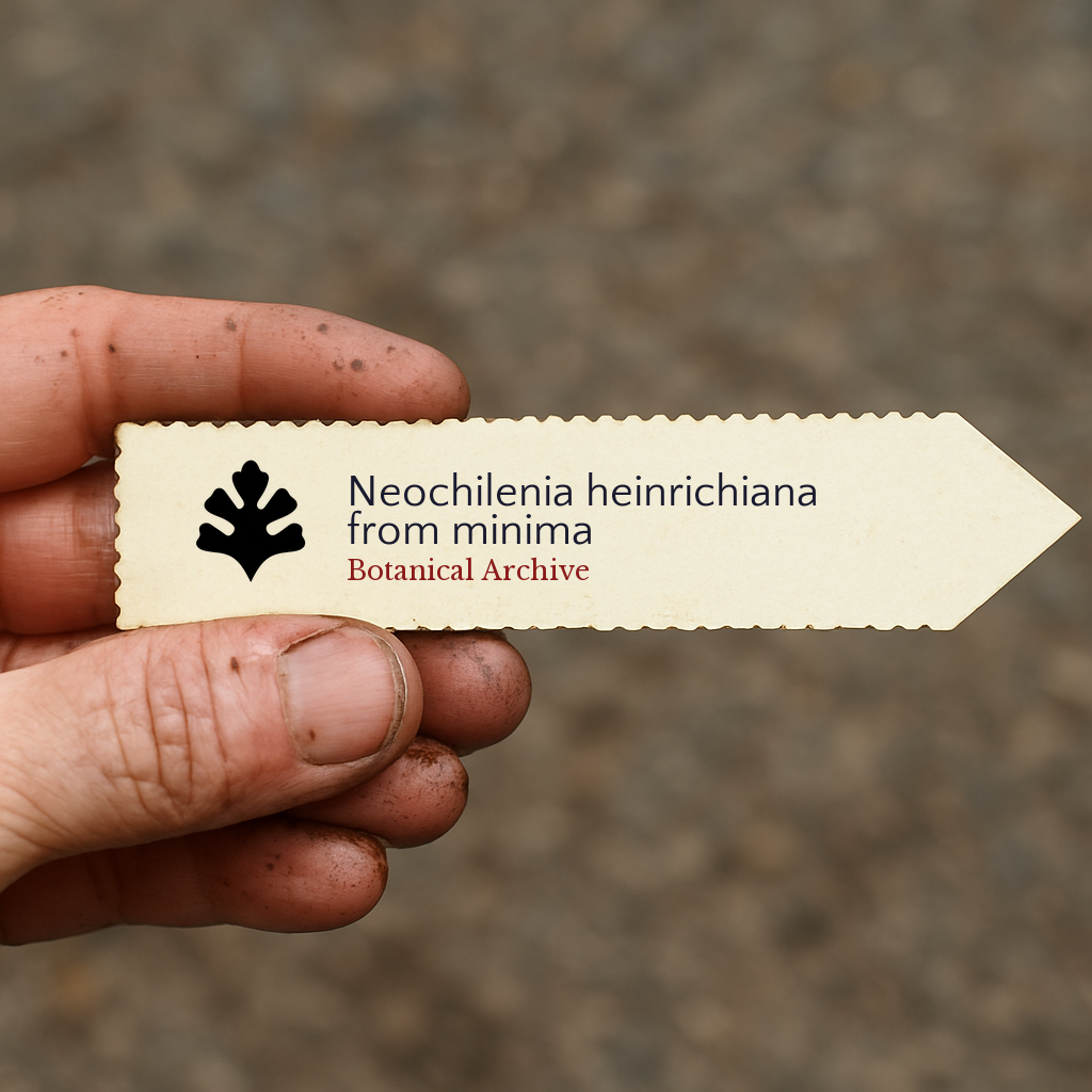 Printed plant label for Neochilenia heinrichiana from minima held by hand