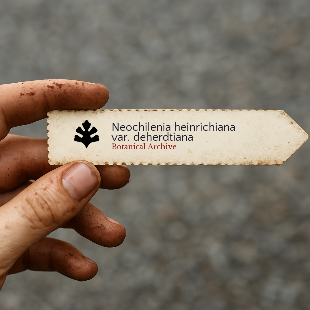 Printed plant label for Neochilenia heinrichiana var. deherdtiana held by dirty hand