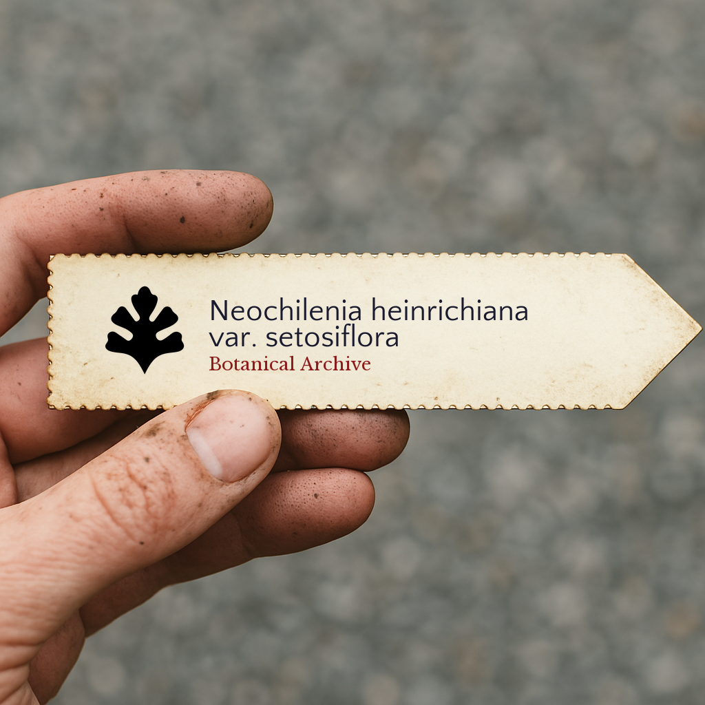 Printed plant label for Neochilenia heinrichiana var. setosiflora held by dirty hand outdoors