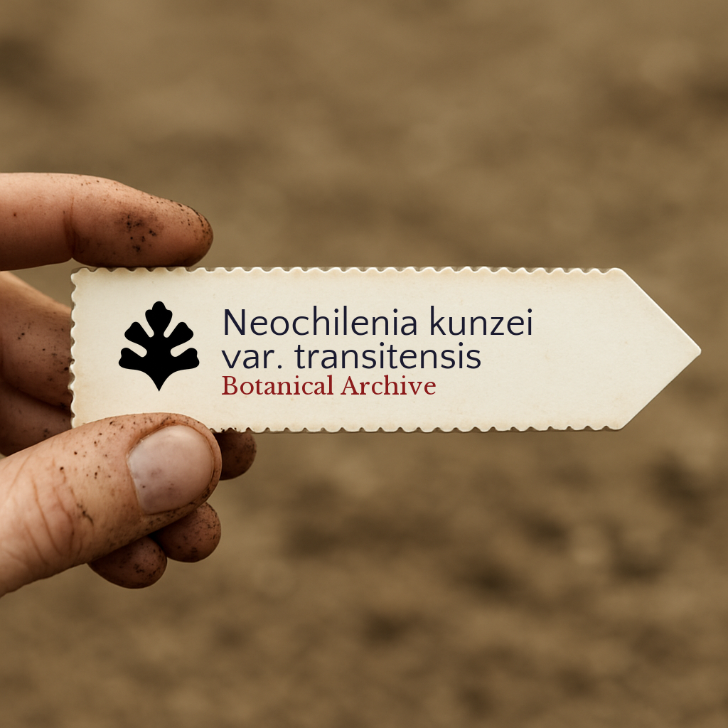 Printed plant label for Neochilenia kunzei var. transitensis held over soil background