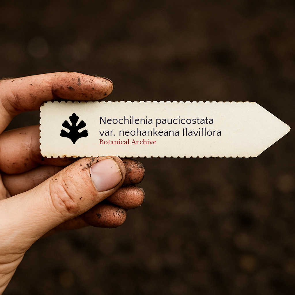Printed plant label for Neochilenia paucicostata var. neohankeana flaviflora held by dirty hand over soil background
