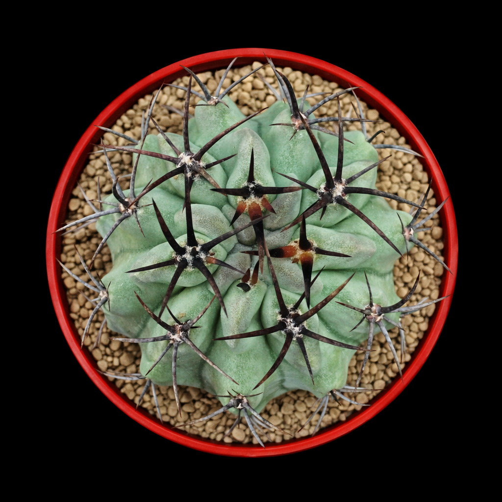 Neochilenia paucicostata var. viridis rare succulent cactus with thick spines in red pot