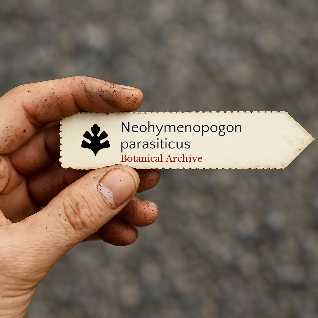 Etichetta stampata per pianta di Neohymenopogon parasiticus tenuta da mano sporca all'aperto