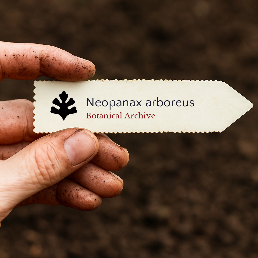 Printed plant label for Neopanax arboreus held by dirty hand over soil background