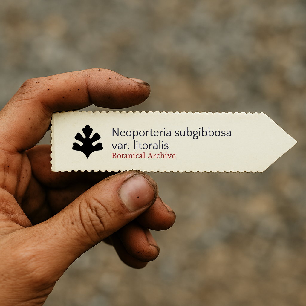 Printed plant label for Neoporteria subgibbosa var. litoralis held by dirty hand outdoors