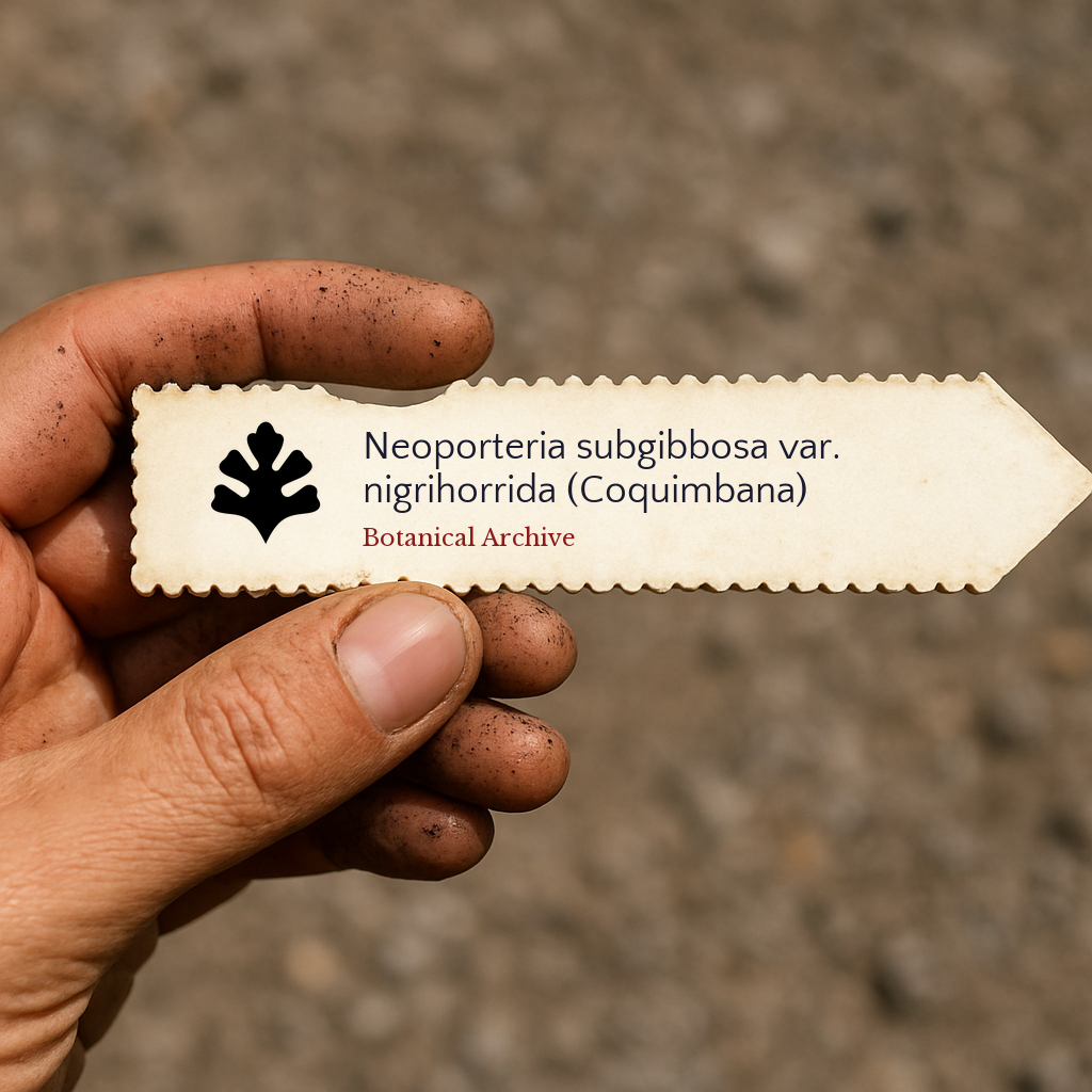 Printed plant label for Neoporteria subgibbosa var. nigrihorrida held by dirty hand outdoors