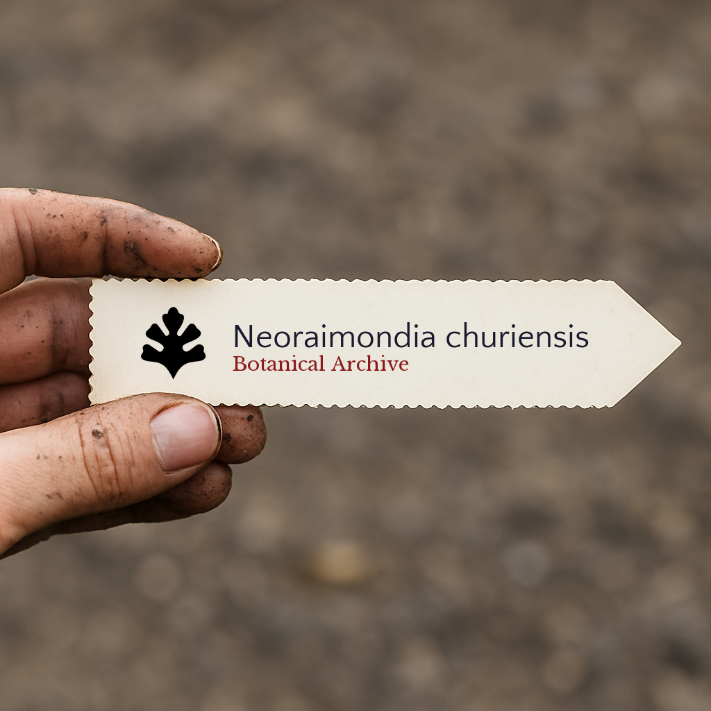 Printed plant label for Neoraimondia churiensis held by hand with soil background