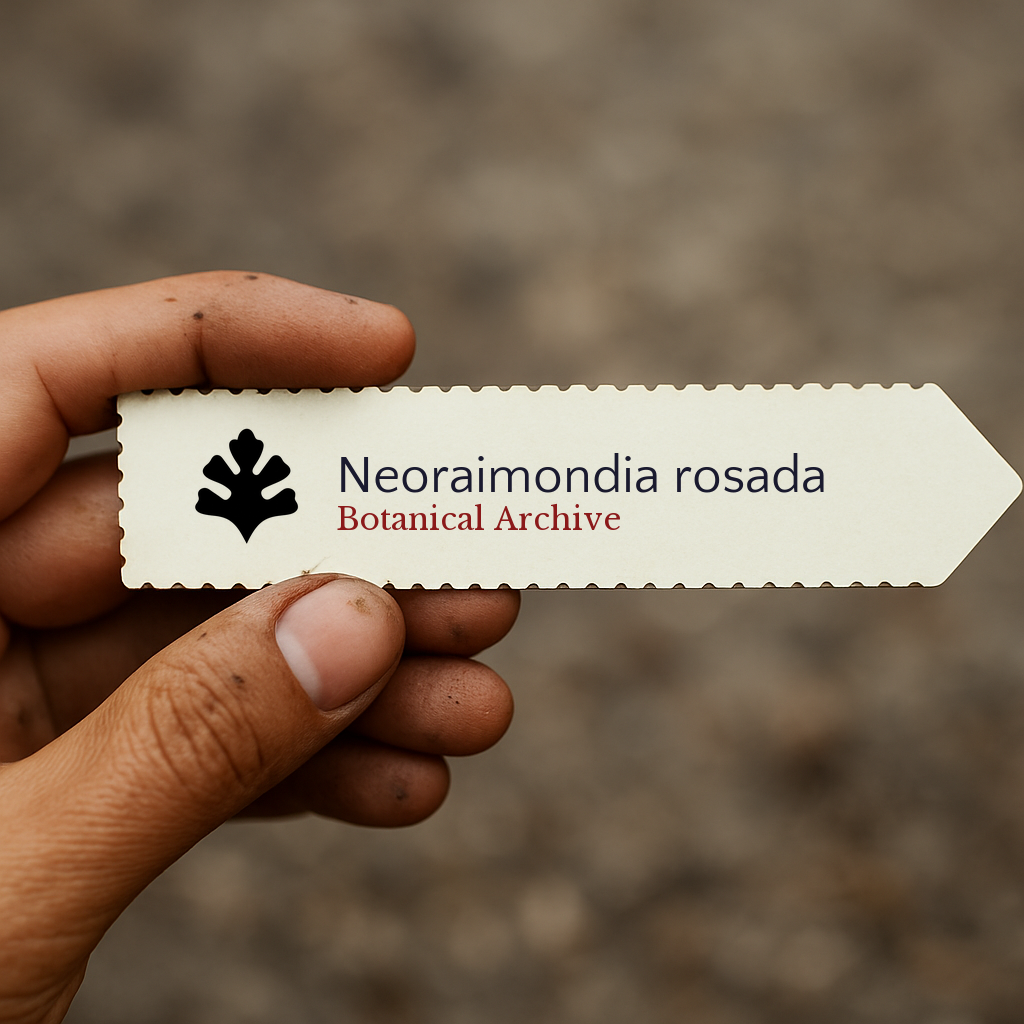 Printed plant label for Neoraimondia rosada with botanical archive logo in hand