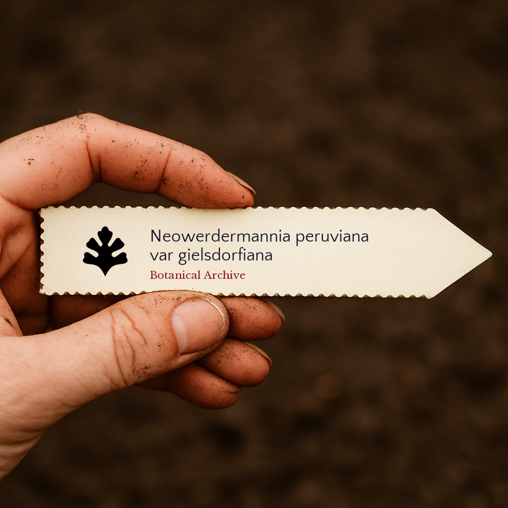 Printed plant label for Neowerdermannia peruviana var gielsdorfiana held over soil background
