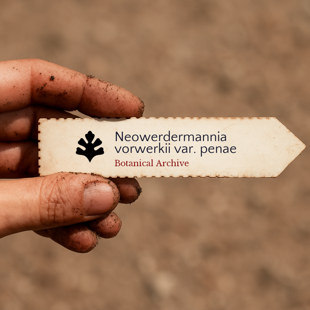 Printed plant label for Neowerdermannia vorwerkii var. penae held by dirty hand outdoors
